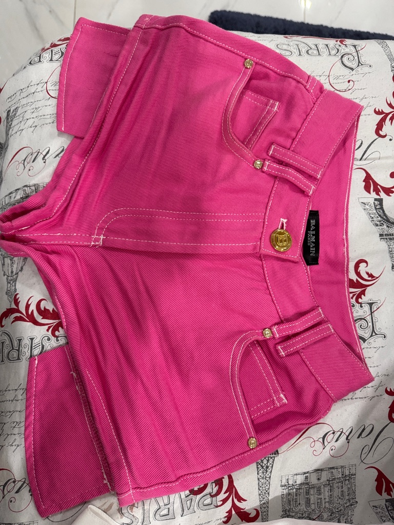 Balmain Bright Pink Denim Mini Skirt With Gold Hardware